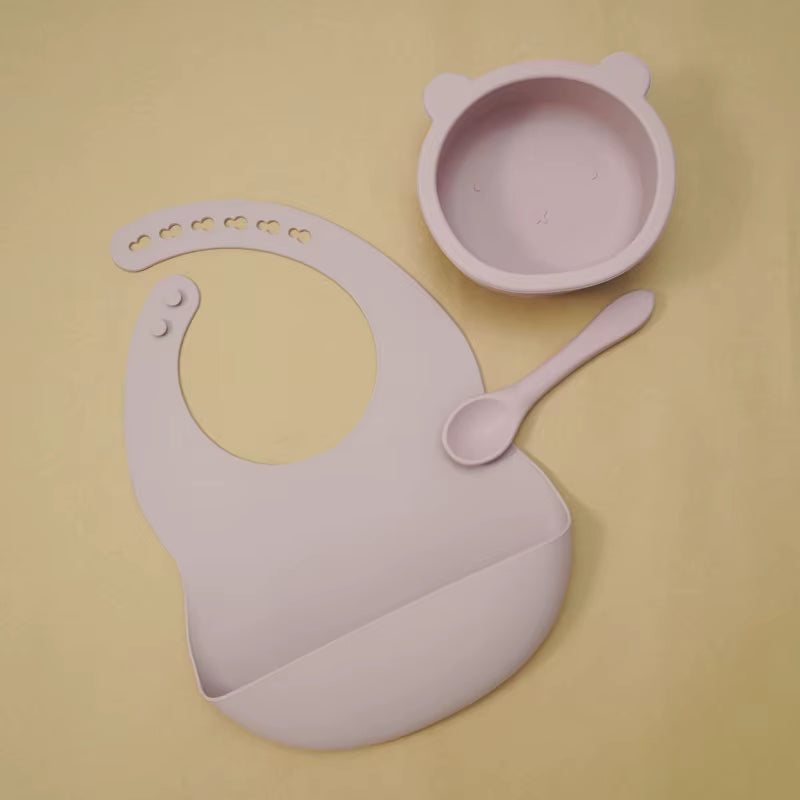 BPA Free Baby Silicone Tableware Waterproof Bib Flexible Saliva Towel Solid Color Sucker Bowl and Spoon for Children