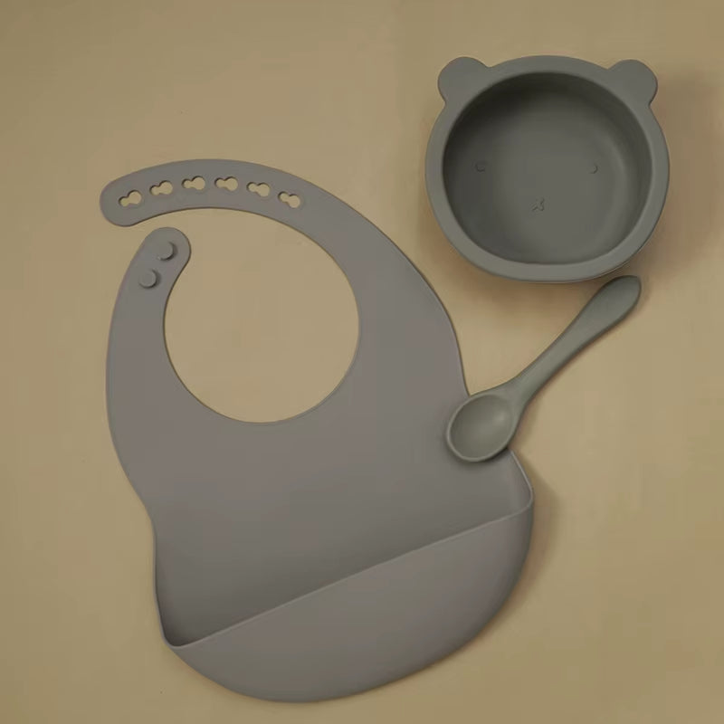 BPA Free Baby Silicone Tableware Waterproof Bib Flexible Saliva Towel Solid Color Sucker Bowl and Spoon for Children