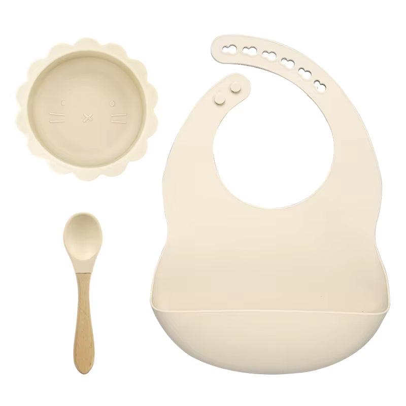 BPA Free Baby Silicone Tableware Waterproof Bib Flexible Saliva Towel Solid Color Sucker Bowl and Spoon for Children