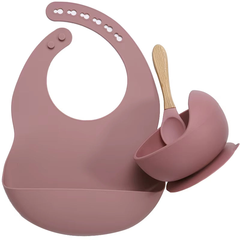 BPA Free Baby Silicone Tableware Waterproof Bib Flexible Saliva Towel Solid Color Sucker Bowl and Spoon for Children