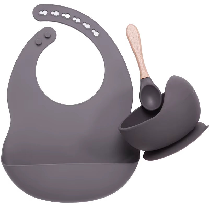 BPA Free Baby Silicone Tableware Waterproof Bib Flexible Saliva Towel Solid Color Sucker Bowl and Spoon for Children