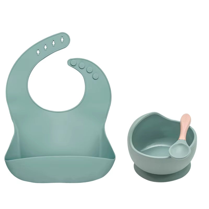 BPA Free Baby Silicone Tableware Waterproof Bib Flexible Saliva Towel Solid Color Sucker Bowl and Spoon for Children