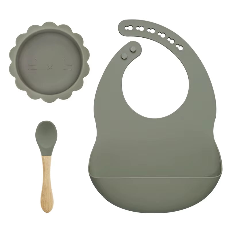 BPA Free Baby Silicone Tableware Waterproof Bib Flexible Saliva Towel Solid Color Sucker Bowl and Spoon for Children