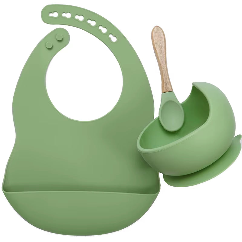 BPA Free Baby Silicone Tableware Waterproof Bib Flexible Saliva Towel Solid Color Sucker Bowl and Spoon for Children