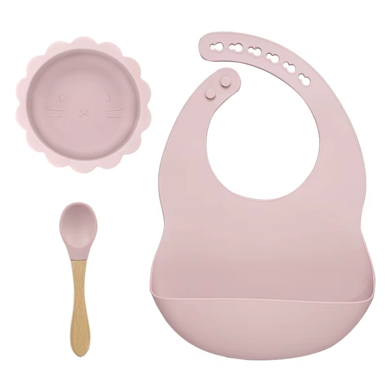 BPA Free Baby Silicone Tableware Waterproof Bib Flexible Saliva Towel Solid Color Sucker Bowl and Spoon for Children