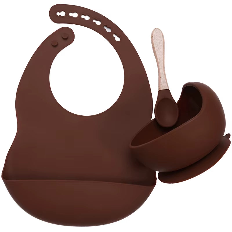 BPA Free Baby Silicone Tableware Waterproof Bib Flexible Saliva Towel Solid Color Sucker Bowl and Spoon for Children