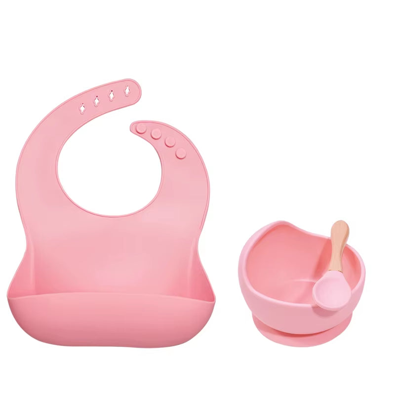 BPA Free Baby Silicone Tableware Waterproof Bib Flexible Saliva Towel Solid Color Sucker Bowl and Spoon for Children