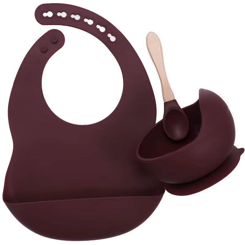 BPA Free Baby Silicone Tableware Waterproof Bib Flexible Saliva Towel Solid Color Sucker Bowl and Spoon for Children