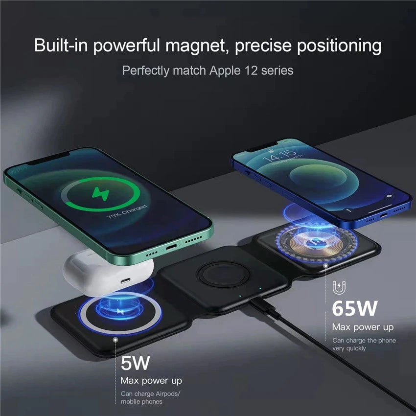 65W 3 in 1 Foldable Magnetic Wireless Charger for Iphone 14 13 12 Pro XS X Fast Wireless Charging Pad for Airpods Pro Iwatch