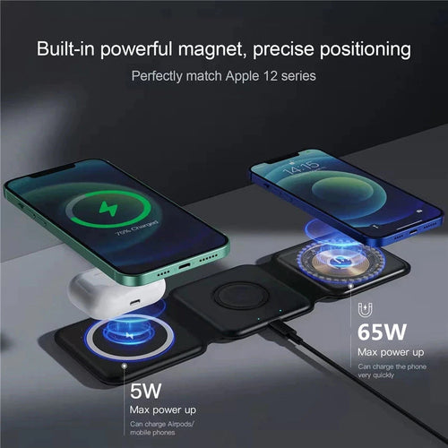 65W 3 in 1 Foldable Magnetic Wireless Charger for Iphone 14 13 12 Pro XS X Fast Wireless Charging Pad for Airpods Pro Iwatch