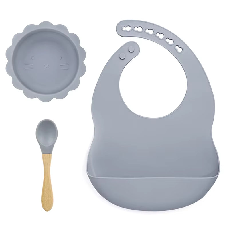 BPA Free Baby Silicone Tableware Waterproof Bib Flexible Saliva Towel Solid Color Sucker Bowl and Spoon for Children