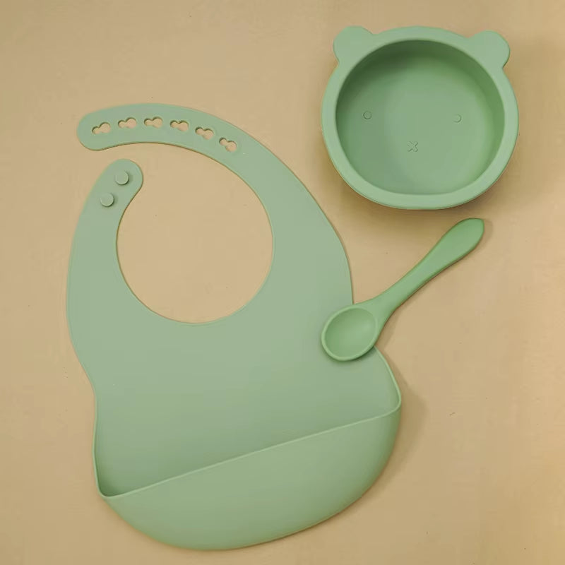 BPA Free Baby Silicone Tableware Waterproof Bib Flexible Saliva Towel Solid Color Sucker Bowl and Spoon for Children