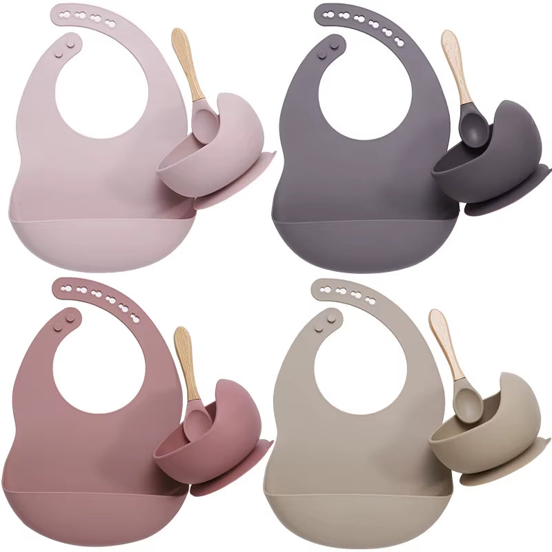 BPA Free Baby Silicone Tableware Waterproof Bib Flexible Saliva Towel Solid Color Sucker Bowl and Spoon for Children
