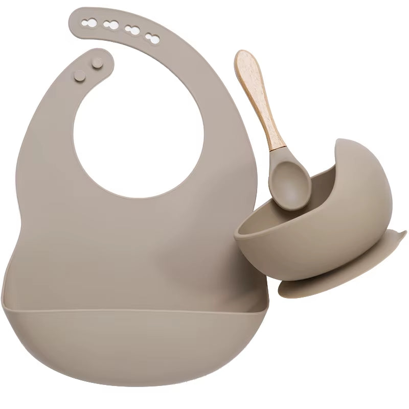 BPA Free Baby Silicone Tableware Waterproof Bib Flexible Saliva Towel Solid Color Sucker Bowl and Spoon for Children