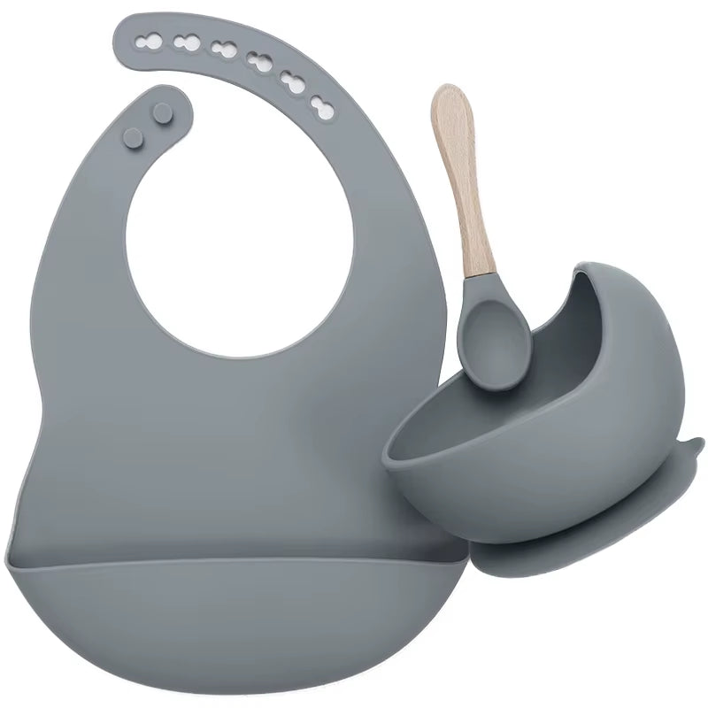 BPA Free Baby Silicone Tableware Waterproof Bib Flexible Saliva Towel Solid Color Sucker Bowl and Spoon for Children