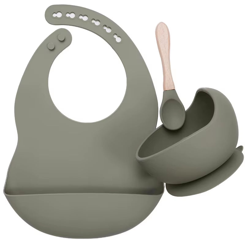 BPA Free Baby Silicone Tableware Waterproof Bib Flexible Saliva Towel Solid Color Sucker Bowl and Spoon for Children