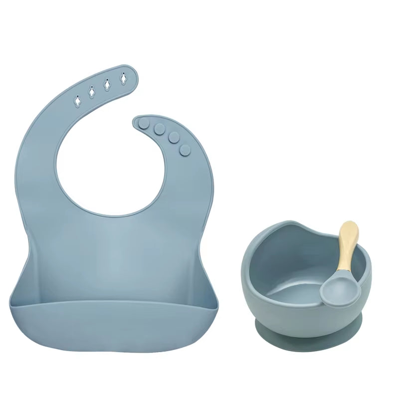 BPA Free Baby Silicone Tableware Waterproof Bib Flexible Saliva Towel Solid Color Sucker Bowl and Spoon for Children