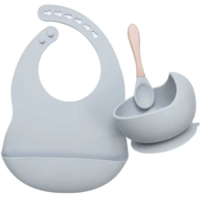 BPA Free Baby Silicone Tableware Waterproof Bib Flexible Saliva Towel Solid Color Sucker Bowl and Spoon for Children