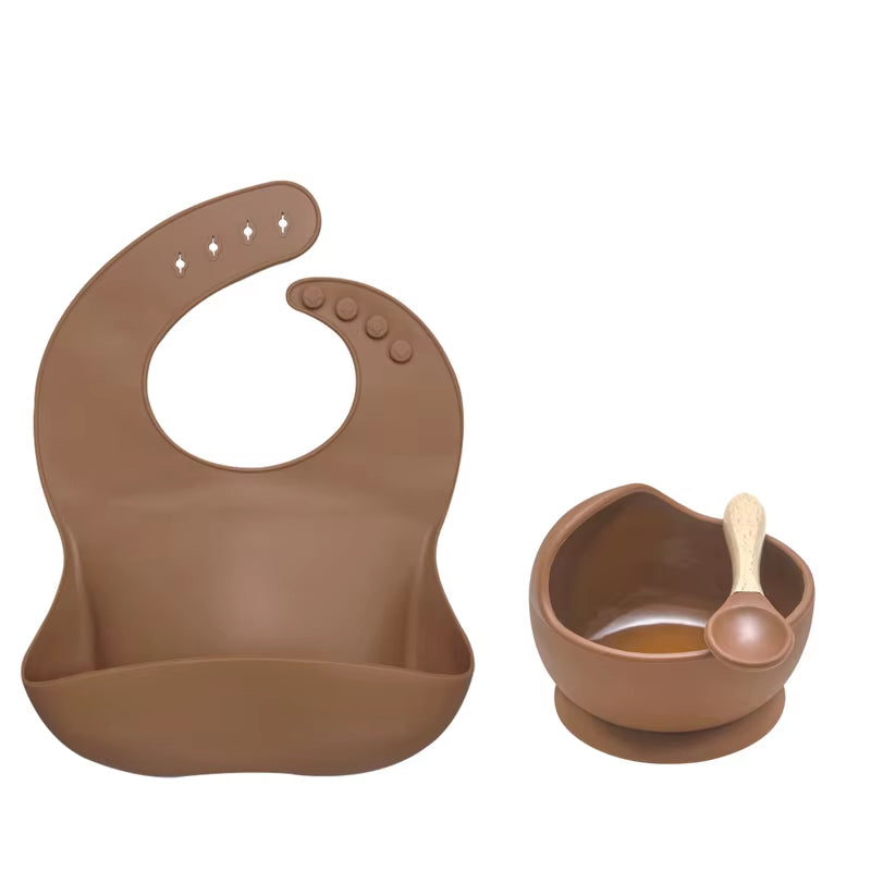 BPA Free Baby Silicone Tableware Waterproof Bib Flexible Saliva Towel Solid Color Sucker Bowl and Spoon for Children