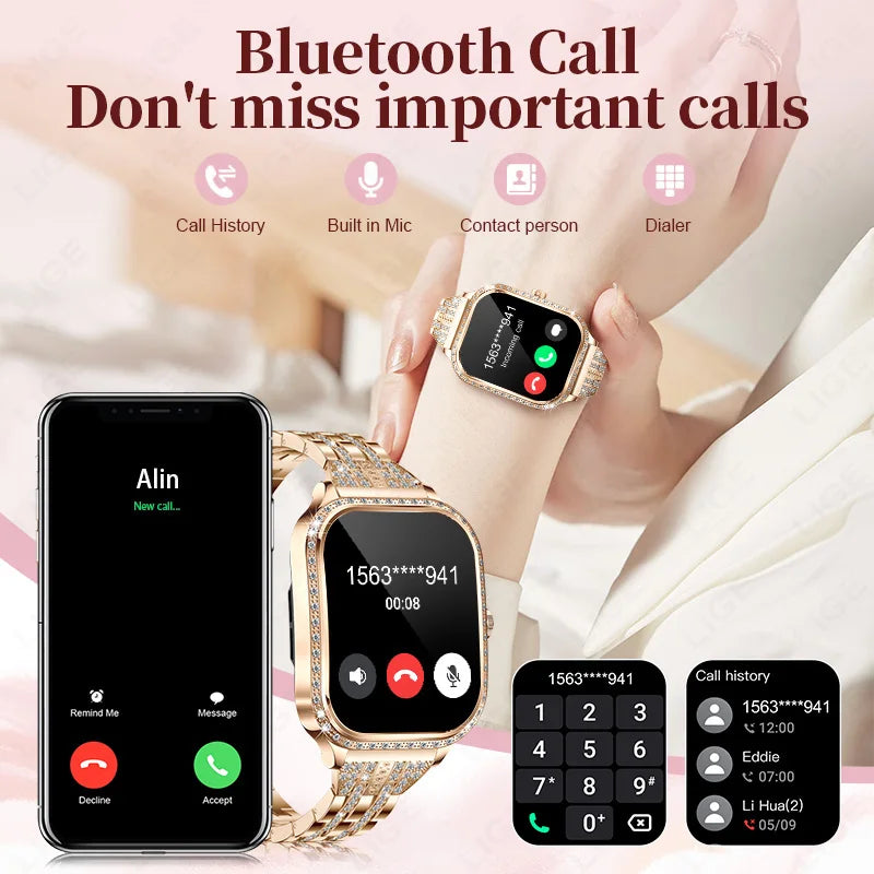 LIGE Nuovo Orologio Intelligente Di Lusso Cardiofrequenzimetro Braccialetto Da Donna Di Moda 2024 Chiamata Bluetooth Smartwatch Womoen per Android IOS