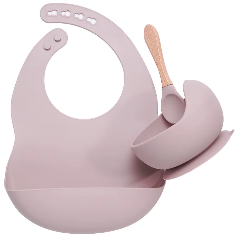 BPA Free Baby Silicone Tableware Waterproof Bib Flexible Saliva Towel Solid Color Sucker Bowl and Spoon for Children