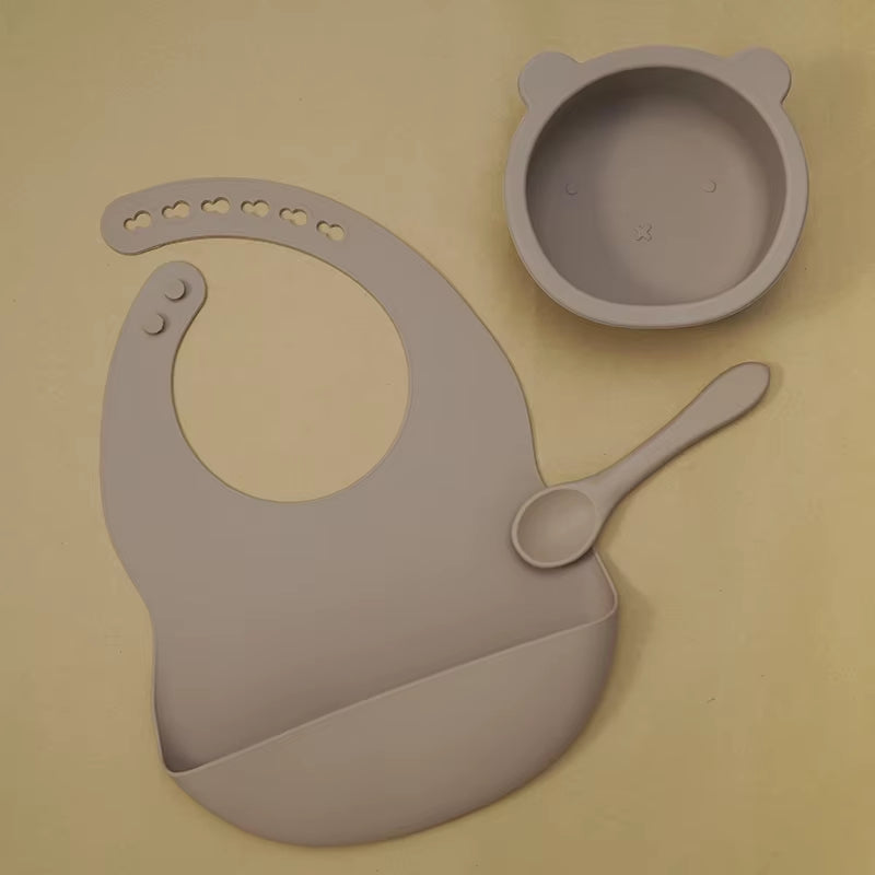 BPA Free Baby Silicone Tableware Waterproof Bib Flexible Saliva Towel Solid Color Sucker Bowl and Spoon for Children