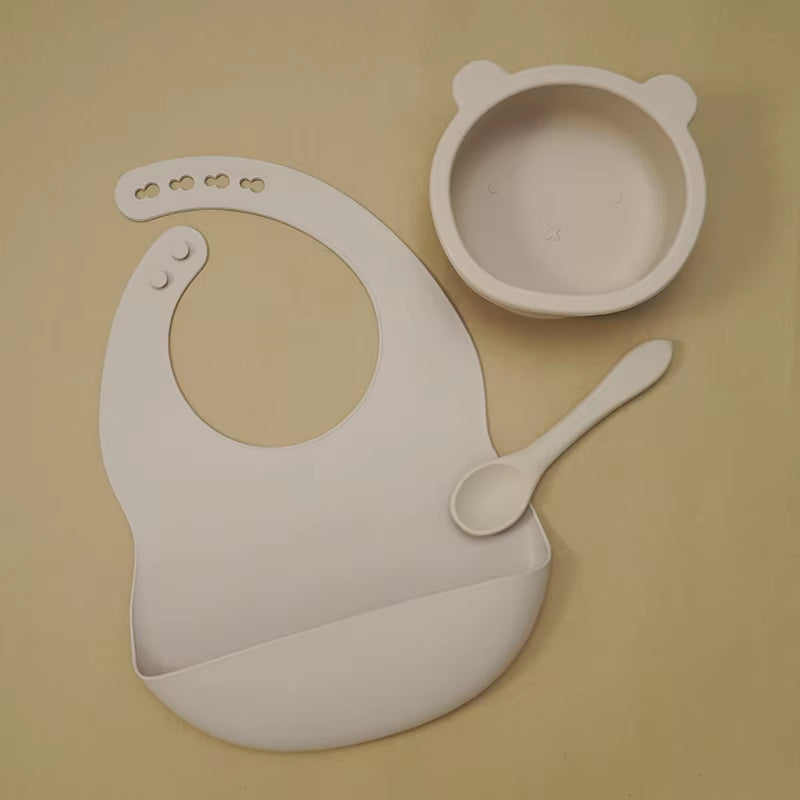 BPA Free Baby Silicone Tableware Waterproof Bib Flexible Saliva Towel Solid Color Sucker Bowl and Spoon for Children