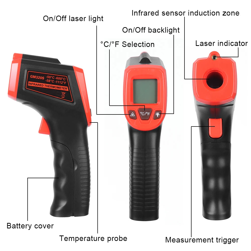 LCD Industrial Electronic Thermometer Noncontact -50~600°C Digital Laser Temperature Meter Gun Laser Point Infrared Thermometer
