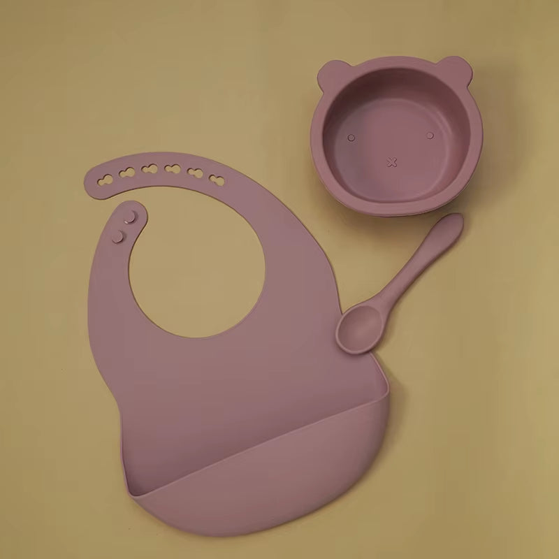 BPA Free Baby Silicone Tableware Waterproof Bib Flexible Saliva Towel Solid Color Sucker Bowl and Spoon for Children