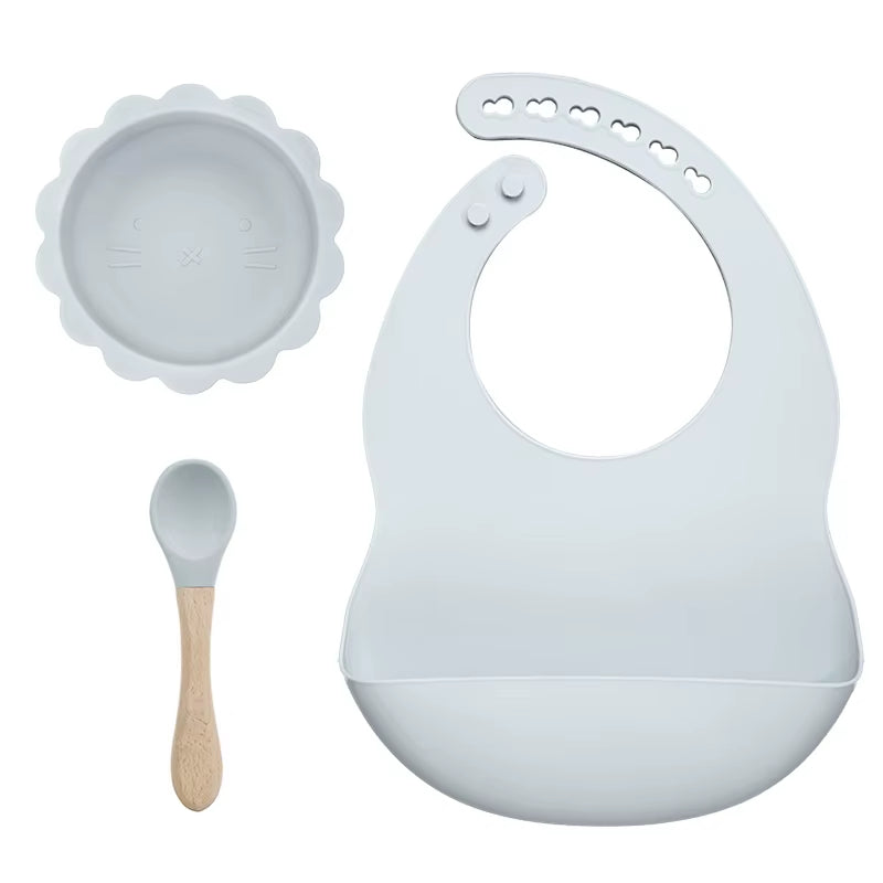 BPA Free Baby Silicone Tableware Waterproof Bib Flexible Saliva Towel Solid Color Sucker Bowl and Spoon for Children