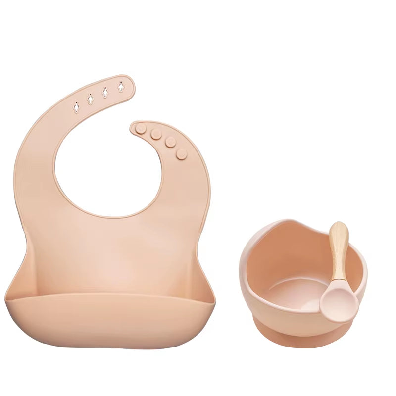 BPA Free Baby Silicone Tableware Waterproof Bib Flexible Saliva Towel Solid Color Sucker Bowl and Spoon for Children