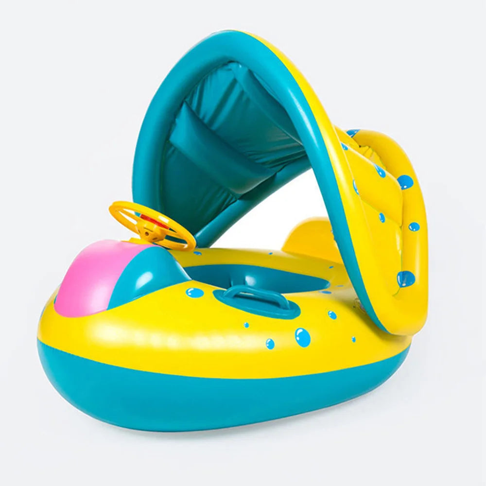 1Pc Yellow Sunshade Seat Ring with Steering Wheel Swimming Pool Inflatable Floating Baby Seat