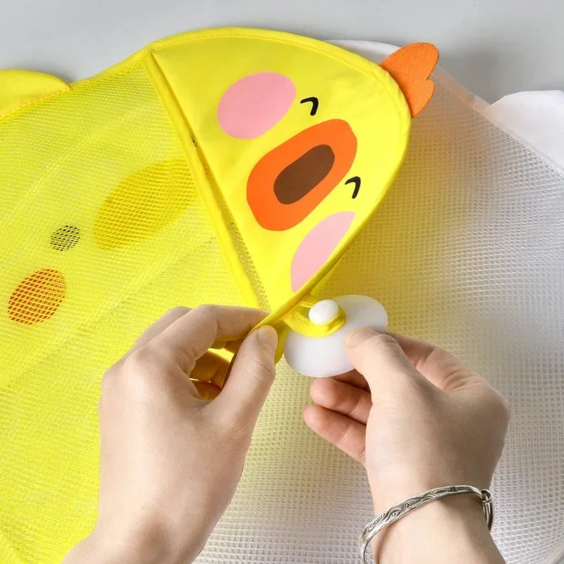 Borsa portaoggetti per giocattoli da bagnetto per bambini Borsa da bagno per bagno ad asciugatura rapida in rete di anatra carina cartone animato con borsa da appendere per asciugatura a ventosa