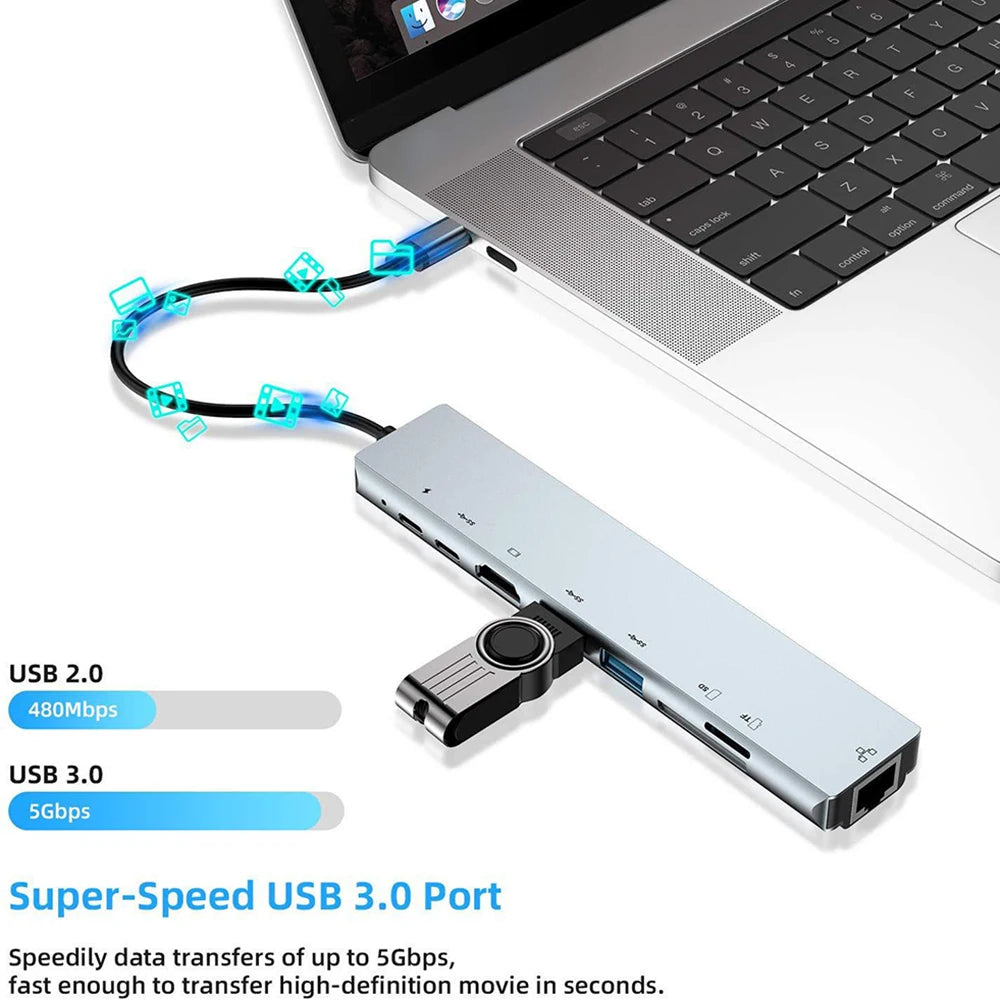 Hub USB-C 8 in 1 — HDMI 4K, RJ45, SD/TF e PD