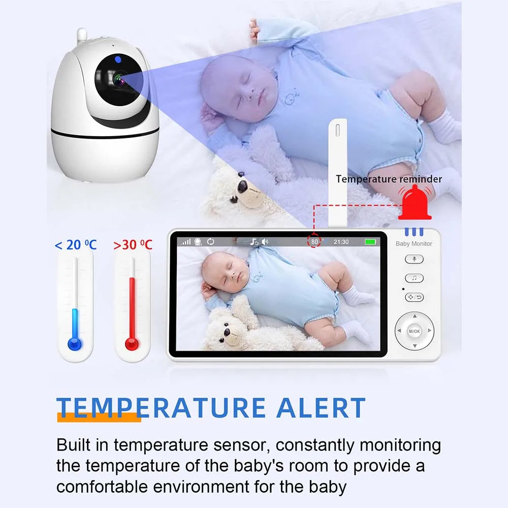 Baby monitor video da 5 pollici con telecamera PTZ Zoom Babyphone Cam Protezione di sicurezza Telecamere di sorveglianza Sensore di temperatura Ninna nanna