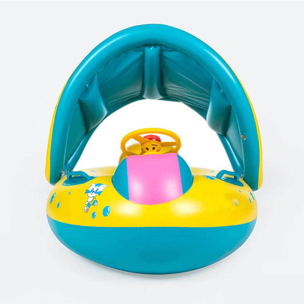 1Pc Yellow Sunshade Seat Ring with Steering Wheel Swimming Pool Inflatable Floating Baby Seat