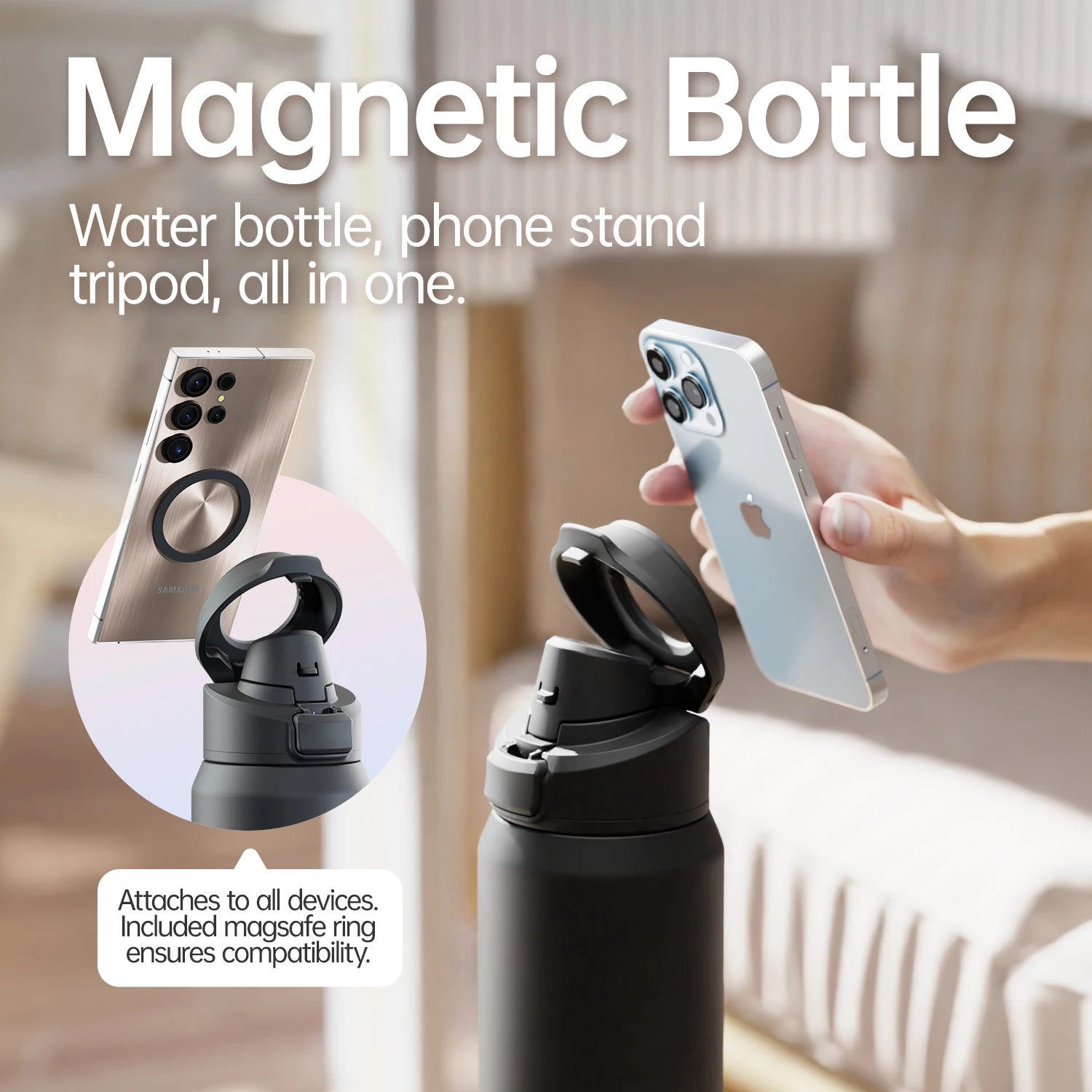 FEIJIAN Thermos Magnetico Bottiglia D'Acqua Sportiva in Acciaio Inossidabile Con Supporto Magnetico per Telefono Copertura Rimbalzante Tazza Isolante