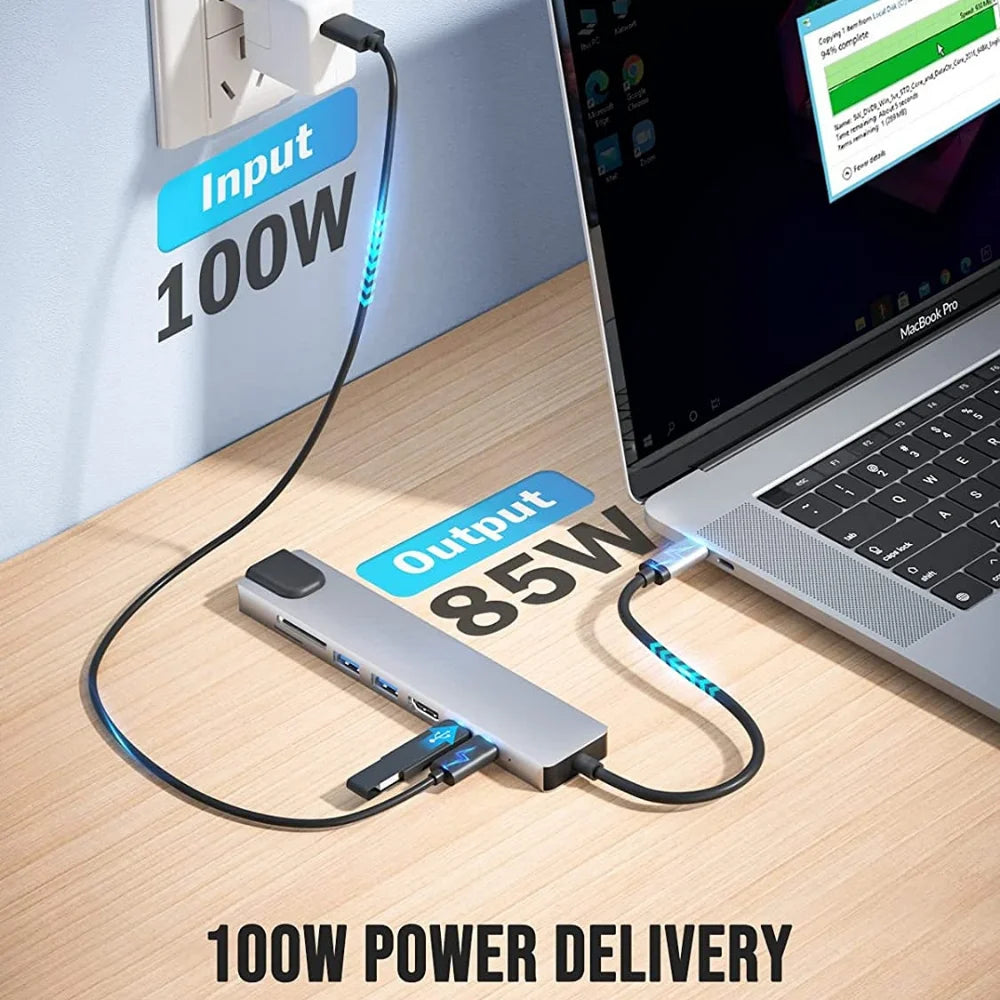 Hub USB-C 8 in 1 — HDMI 4K, RJ45, SD/TF e PD