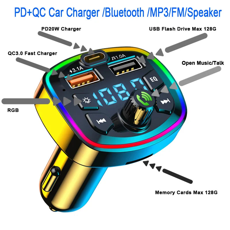 Trasmettitore FM Bluetooth 5.0 Auto — Vivavoce e Carica Rapida