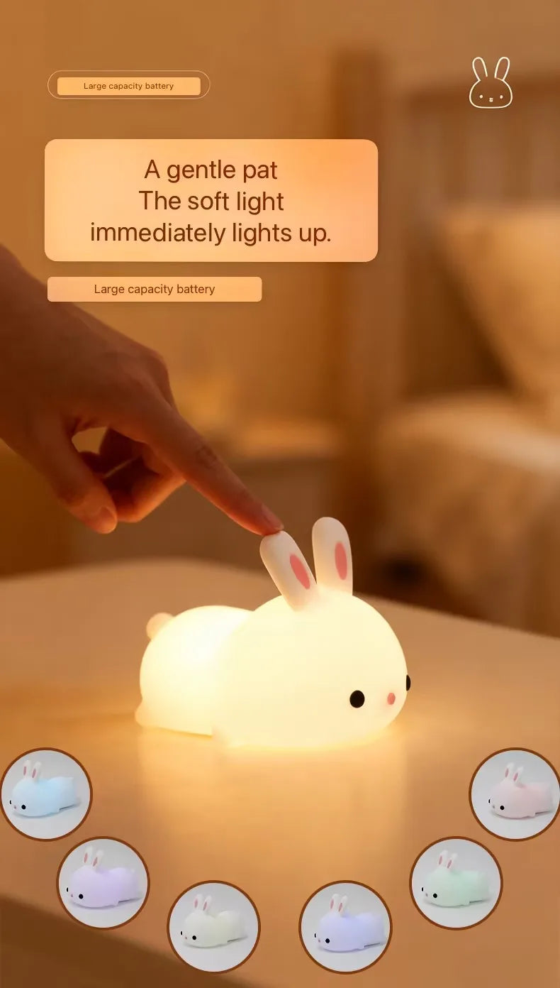 Luce Notturna LED RGB a Forma di Coniglio con Sensore Touch, Lampada Colorata Ricaricabile USB in Silicone per Bambini, Giocattolo, Regalo Festivo