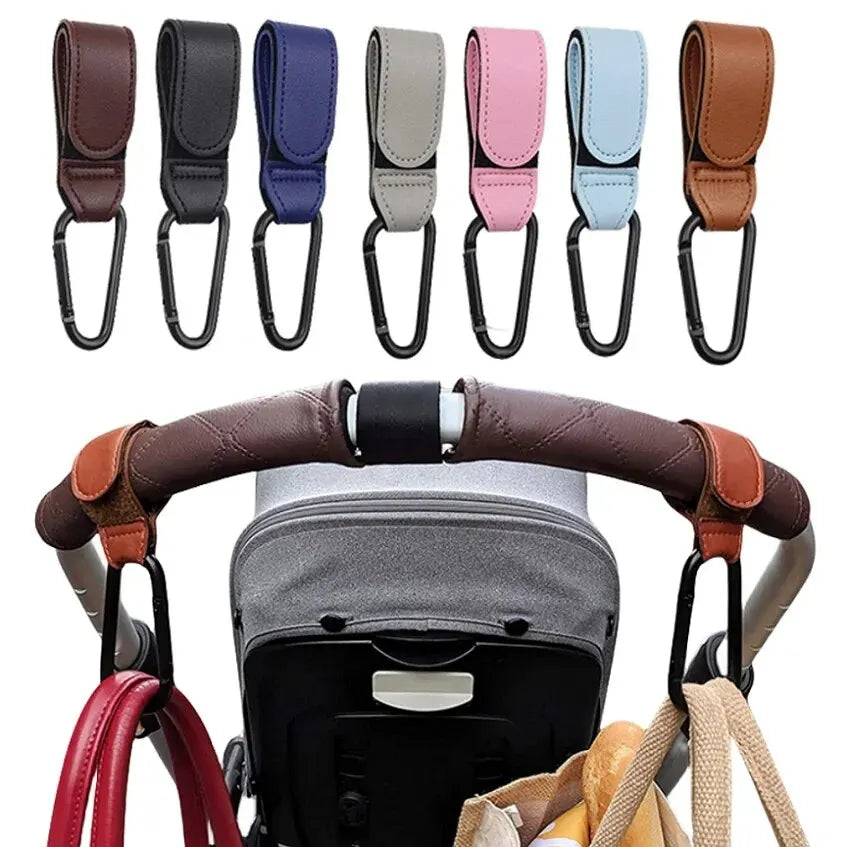 Ganci per carrello in pelle da 2 pezzi Gancio per passeggino PU Gancio per carrozzina regolabile Organizzatore Borsa per pannolini Gancio Accessori da viaggio per bambini