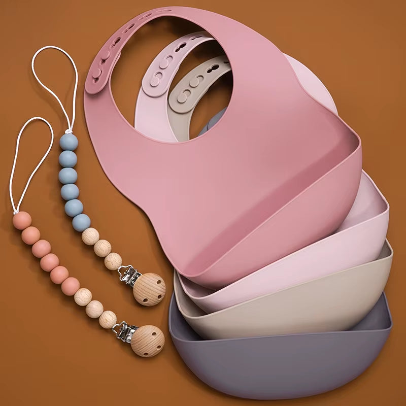 BPA Free Baby Silicone Tableware Waterproof Bib Flexible Saliva Towel Solid Color Sucker Bowl and Spoon for Children