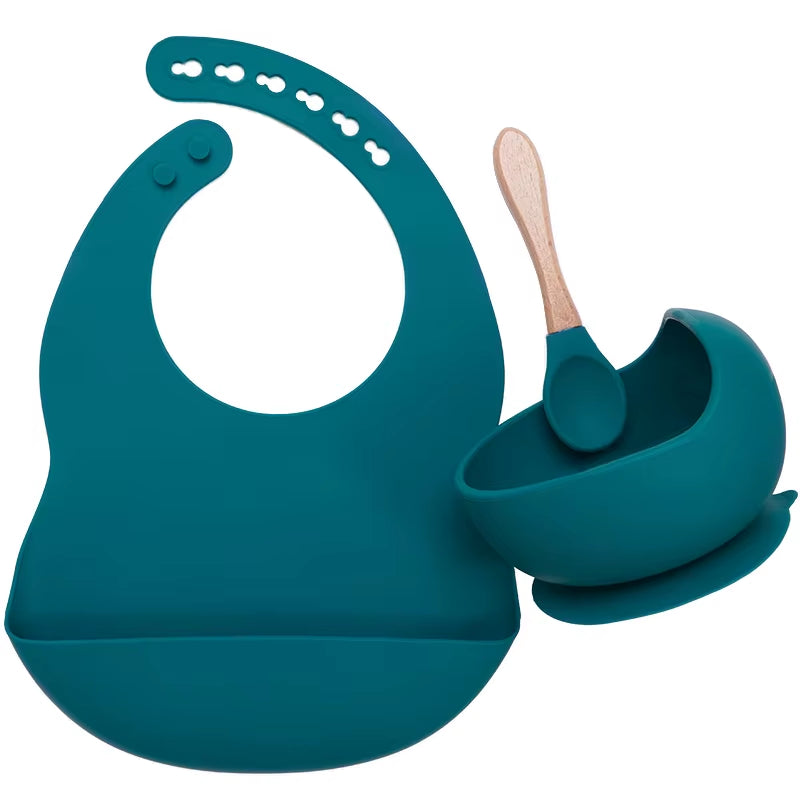 BPA Free Baby Silicone Tableware Waterproof Bib Flexible Saliva Towel Solid Color Sucker Bowl and Spoon for Children