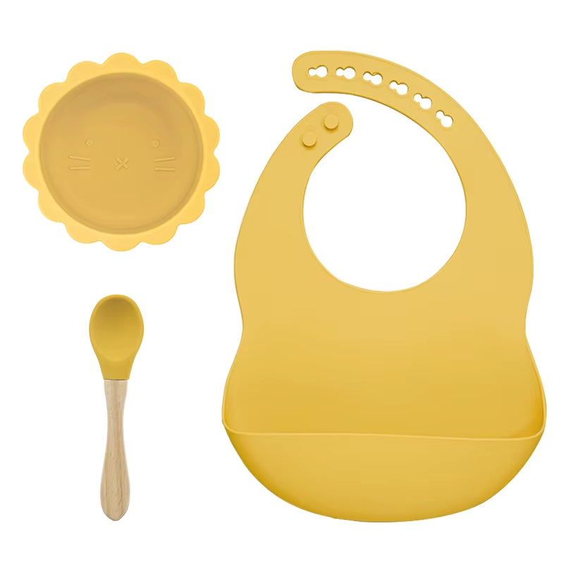 BPA Free Baby Silicone Tableware Waterproof Bib Flexible Saliva Towel Solid Color Sucker Bowl and Spoon for Children