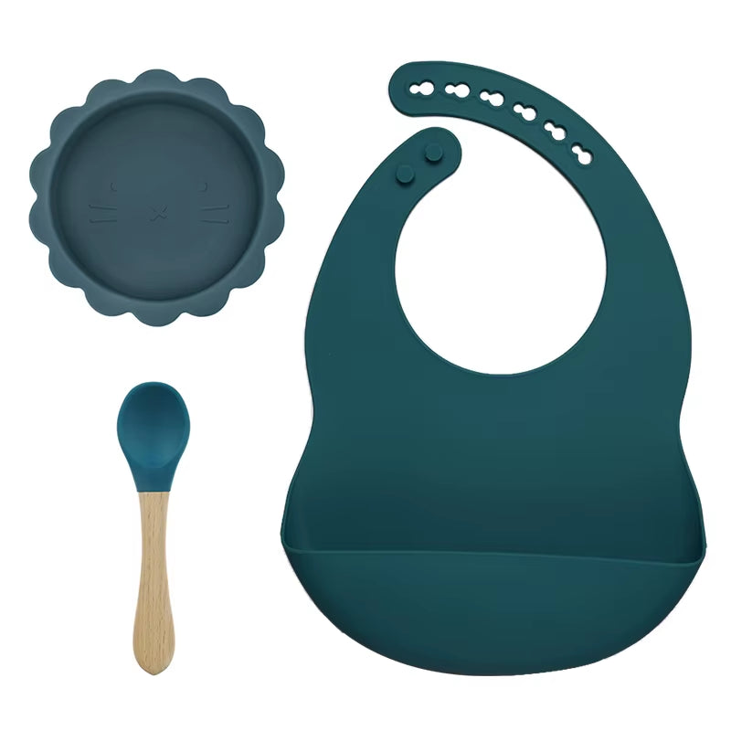 BPA Free Baby Silicone Tableware Waterproof Bib Flexible Saliva Towel Solid Color Sucker Bowl and Spoon for Children