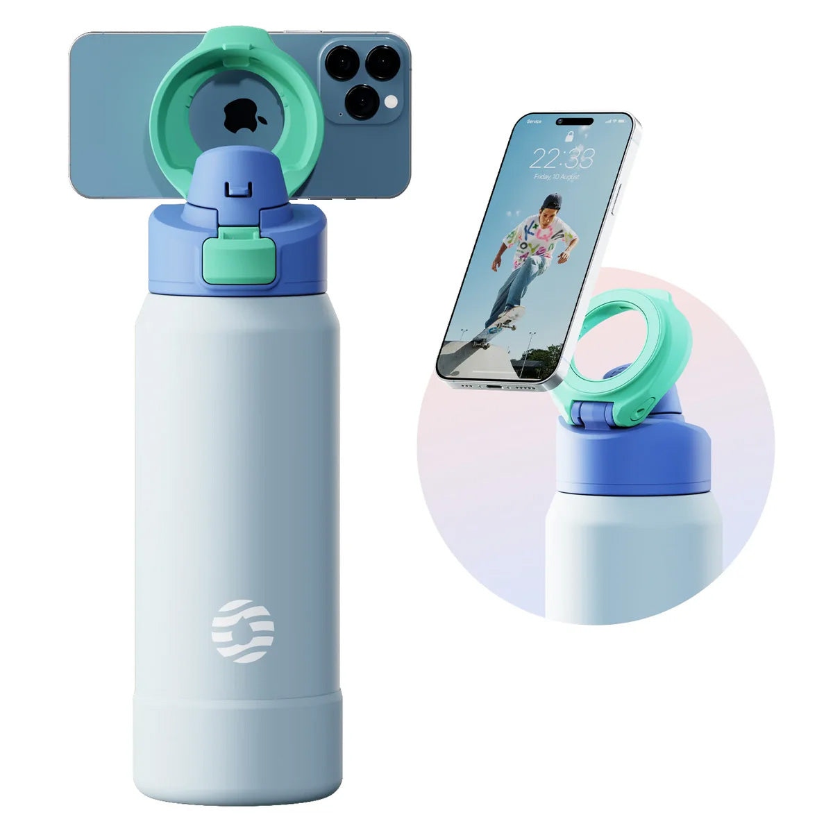 Bottiglia d'acqua con supporto magnetico per telefono