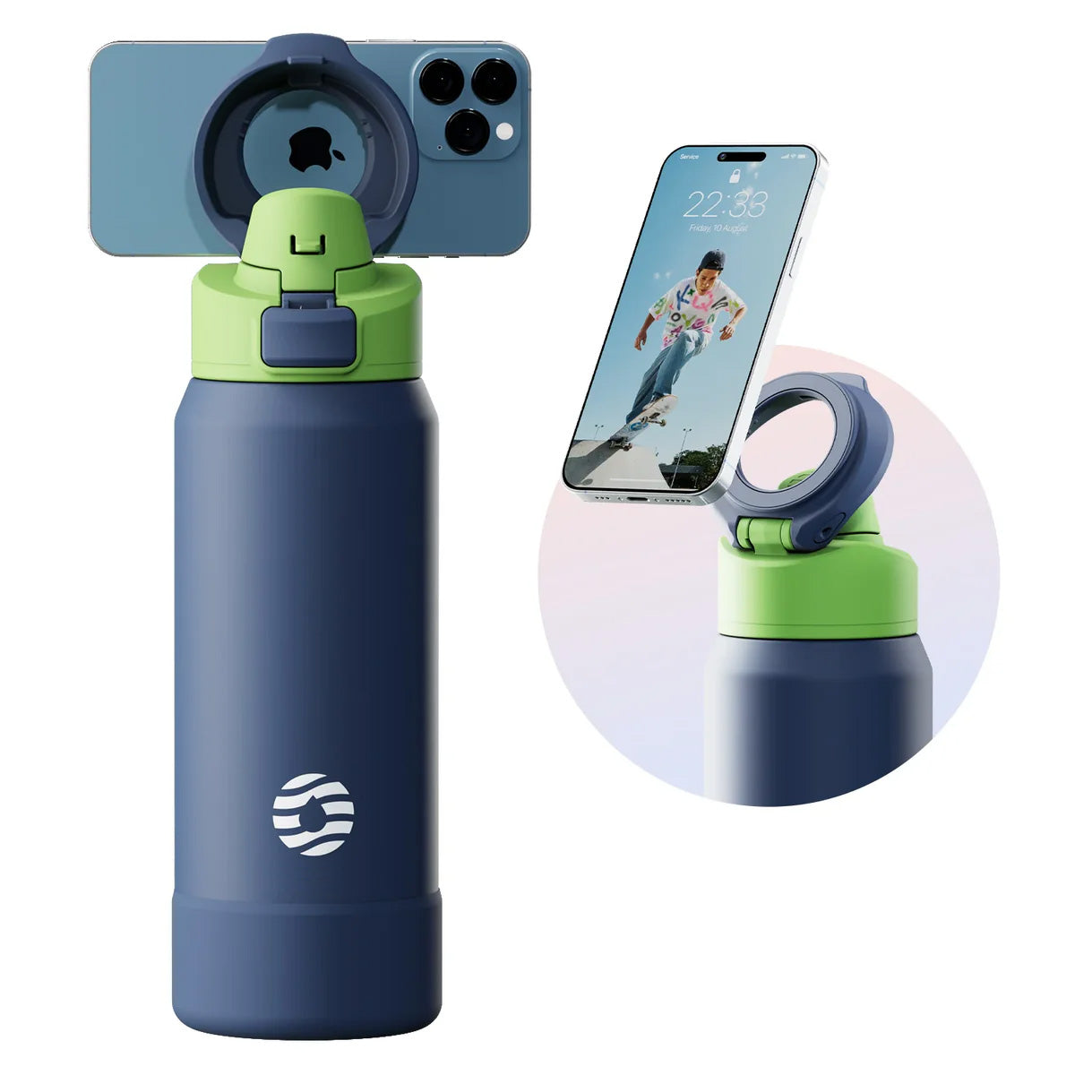 Bottiglia d'acqua con supporto magnetico per telefono