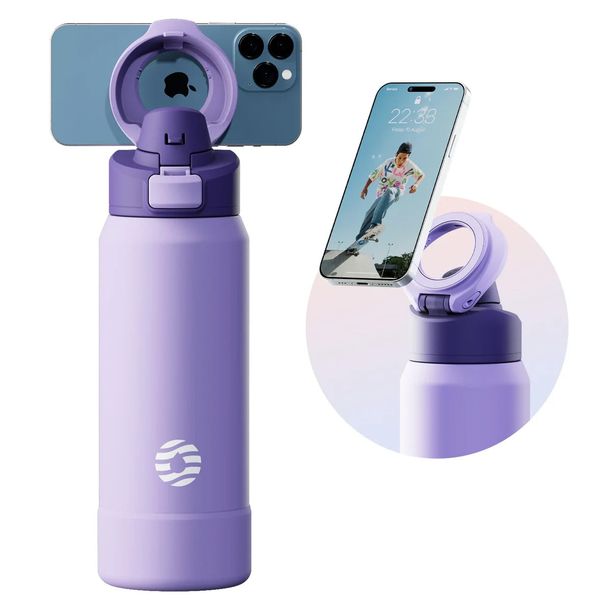 Bottiglia d'acqua con supporto magnetico per telefono