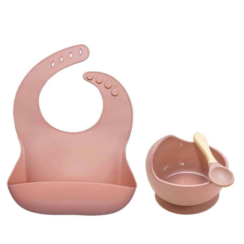 BPA Free Baby Silicone Tableware Waterproof Bib Flexible Saliva Towel Solid Color Sucker Bowl and Spoon for Children