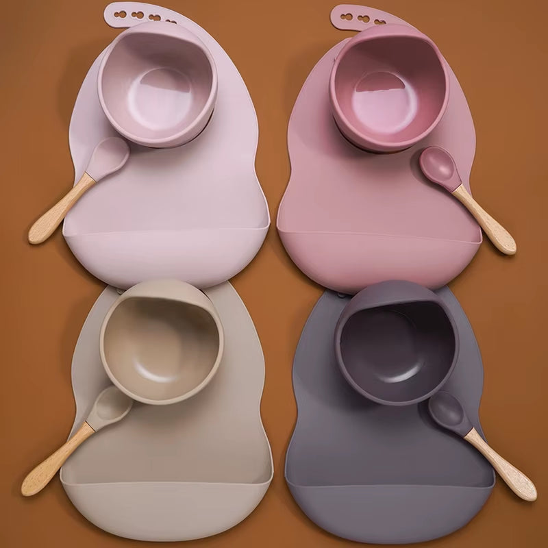 BPA Free Baby Silicone Tableware Waterproof Bib Flexible Saliva Towel Solid Color Sucker Bowl and Spoon for Children